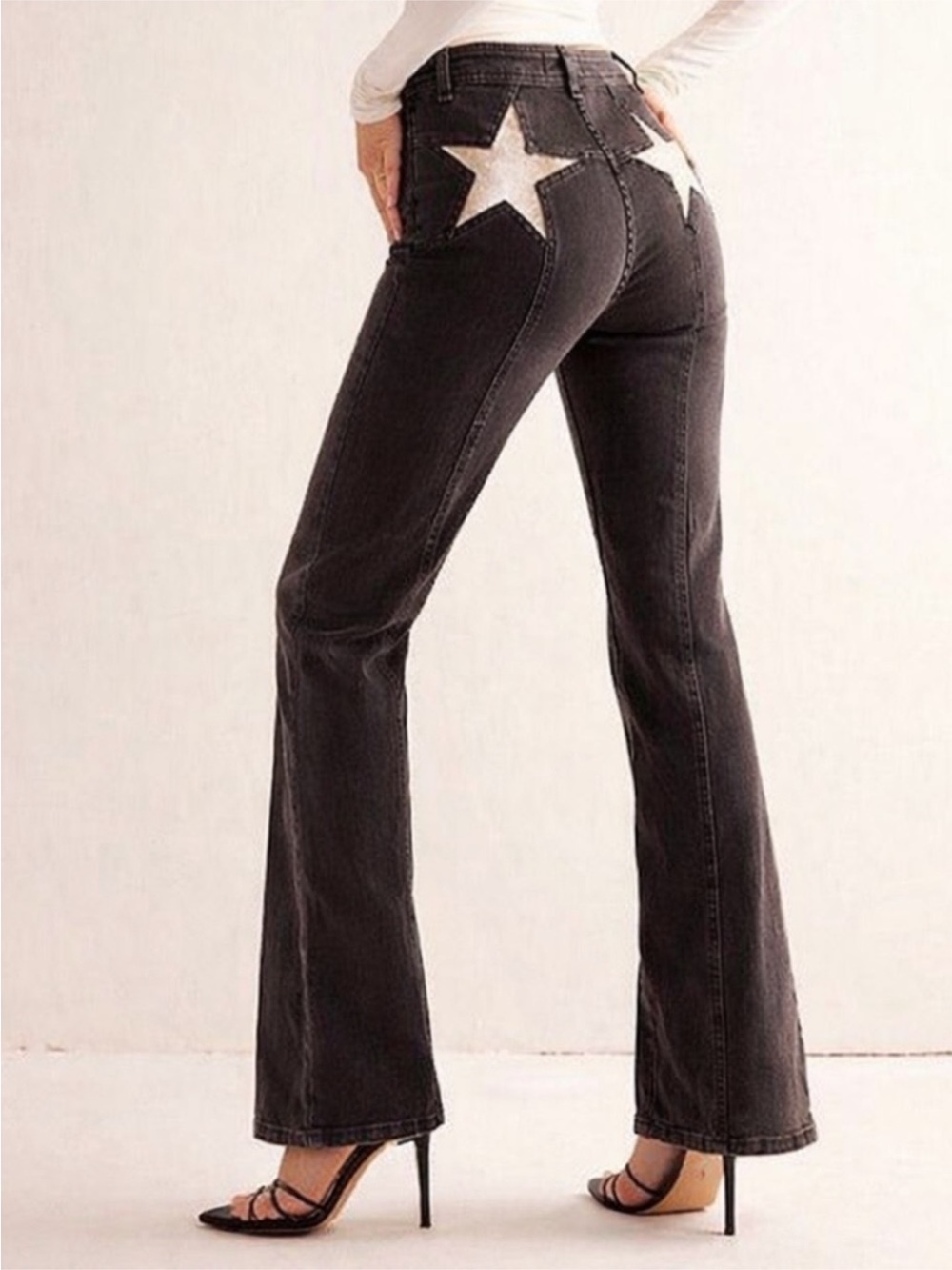 Free People We The Free Firecracker Flare Jeans size 27 Black Gold Leather Stars